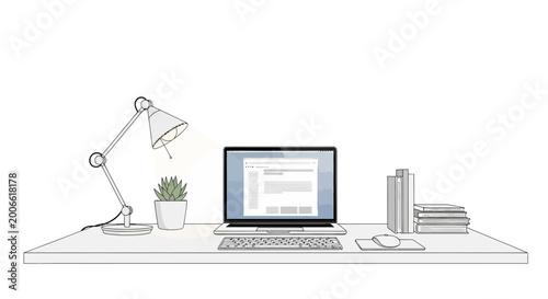 Cuadro en lienzo Minimalist desk setup with laptop, lamp, and books, clean workspace illustration