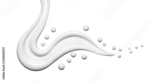 Elegant milky ceramide serum essence flowing smoothly across a minimalist white background with scattered liquid droplets for skincare, spa, brightness, serum