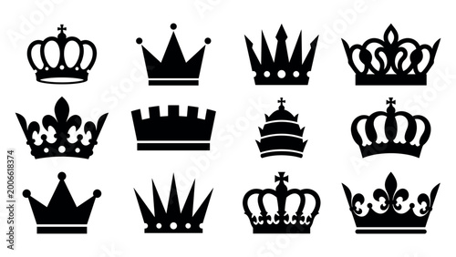Bilde på lerret Set of royal crowns in black silhouette on white background vector illustration