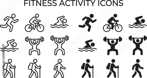 Collection of diverse fitness activity icons depicting running cycling swimming weightlifting and hiking for health and lifestyle concepts