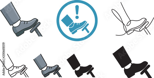 Collection of diverse icons and illustrations depicting a foot pressing a pedal in various styles