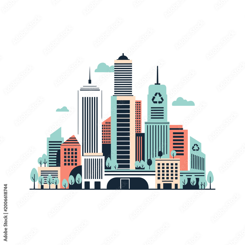 Fototapeta premium Modern Eco City Skyline Vector Illustration with Recycle Symbols