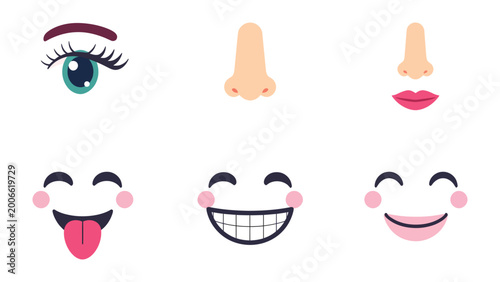 Obraz na plátně Facial expressions graphic set: A collection of graphic elements, including an eye, nose, mouth and face, to construct diverse emotional expressions and enhance visual communication