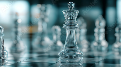 Close-up of a clear glass chess king on a board with blurred background pieces, representing leadership, strategic vision, business victory, and glass-clear decision making.