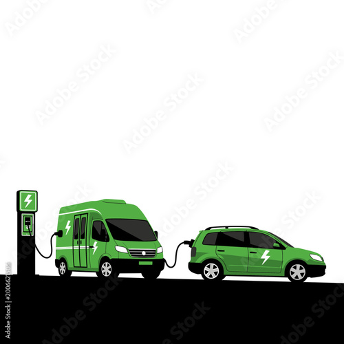 Green Electric Delivery Van and Car Charging at EV Power Station