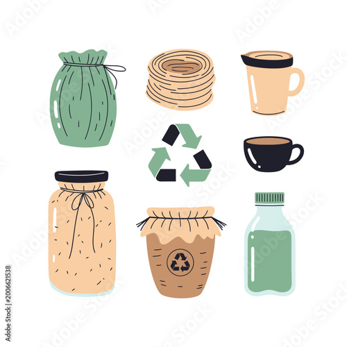 Eco friendly zero waste lifestyle illustration with reusable icons