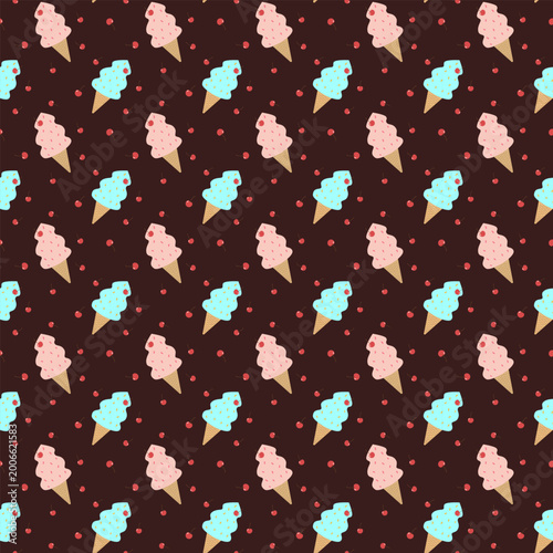 Colorful ice cream cone pattern with cherries and sprinkles, dark aesthetic summer dessert.