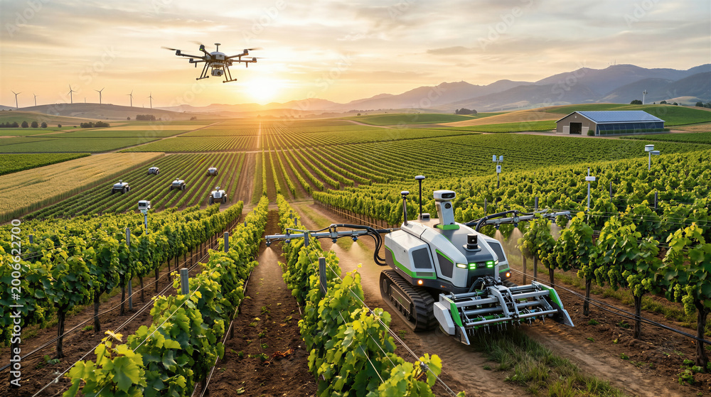 Obraz premium Autonomous agricultural robot spraying vines in vineyard. Smart farming drone monitoring crop health. Innovation in viticulture, modern automated machinery and digital agriculture technology.