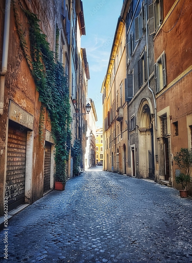 Obraz premium Narrow cobblestone street in an old Italian city with historic buildings and ivy