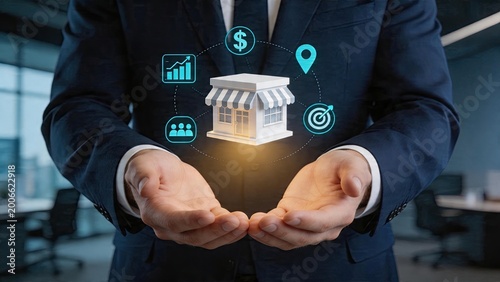 Businessman holding a miniature building model with floating icons representing financial growth target audience location services and customer engagement in modern corporate
