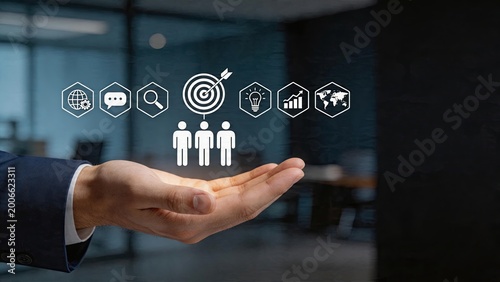 Business man holding management concept success strategy growth chart target people teamwork idea lightbulb search icon chat bubble gear world map future tech hologram office
