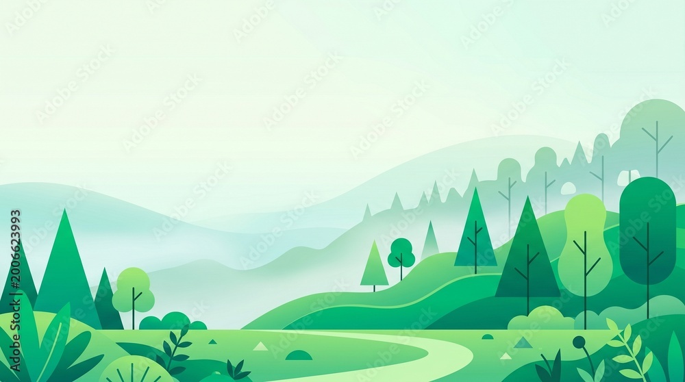 Fototapeta premium A serene, stylized landscape featuring rolling green hills, a winding path, and misty mountains. The minimalist vector art evokes a peaceful, fresh morning in a lush forest.