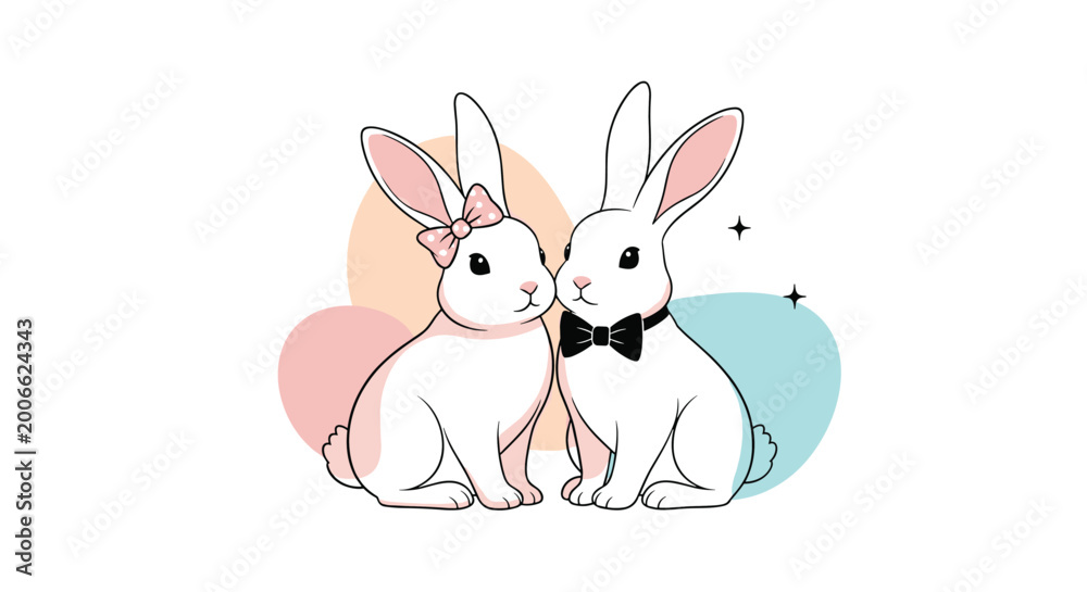 Fototapeta premium Charming pair of white rabbits dressed for a special occasion with a pink polka dot bow and a black formal bowtie.