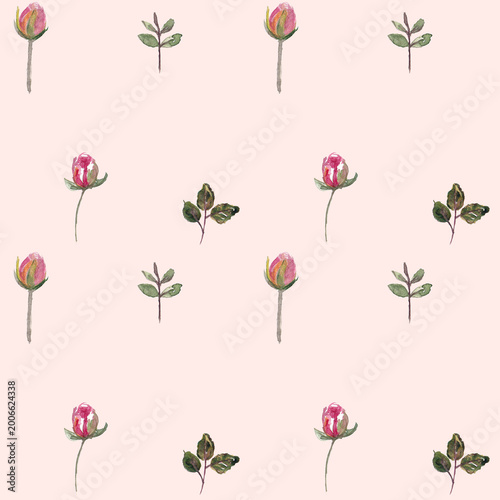 Foto Pattern con boccioli di rosa e foglie, illustrazione ad acquerello su sfondo ros