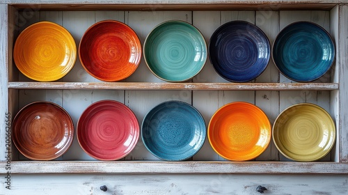 Colorful ceramic bowls arranged on wooden shelf.
