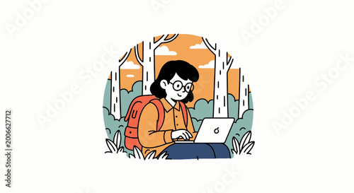 Woman with Backpack Working on Laptop in Forest Illustration