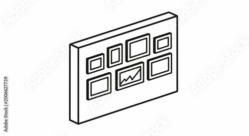 Minimalist isometric wall gallery with photo frames and graph icon