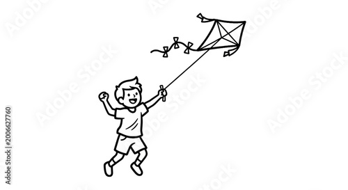 Little boy flying a kite and jumping for joy vector line art
