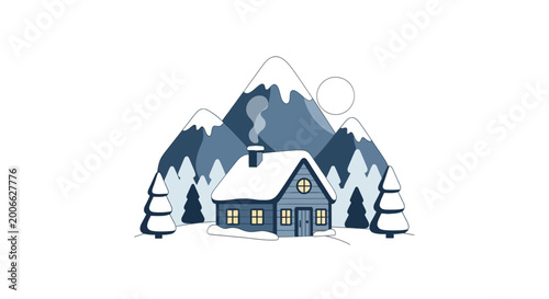 Cozy winter cabin illustration with snow capped mountains
