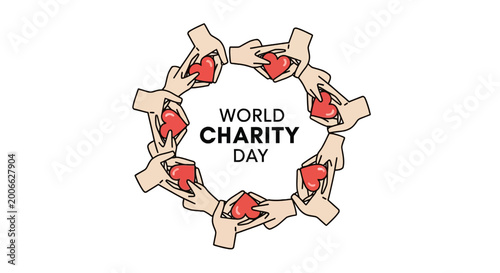 World Charity Day vector with hands in a circle holding red hearts