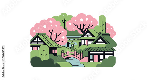Traditional Japanese village illustration with cherry blossoms