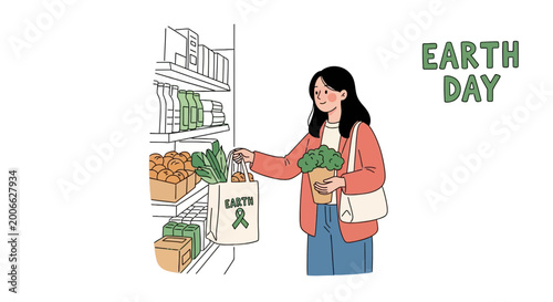Woman shopping with reusable bag for Earth Day illustration