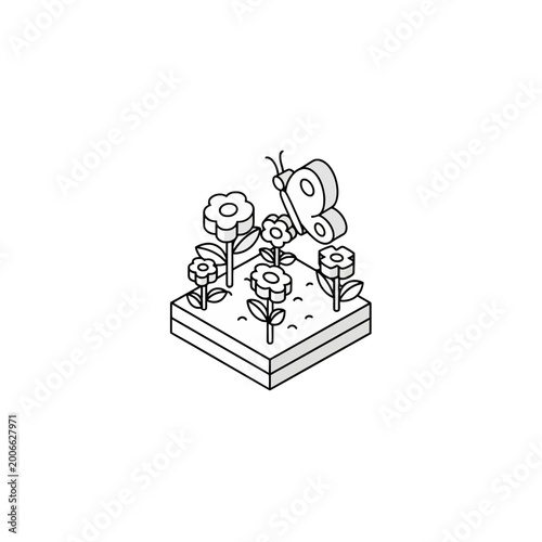 Isometric garden with butterfly and blooming flowers line art