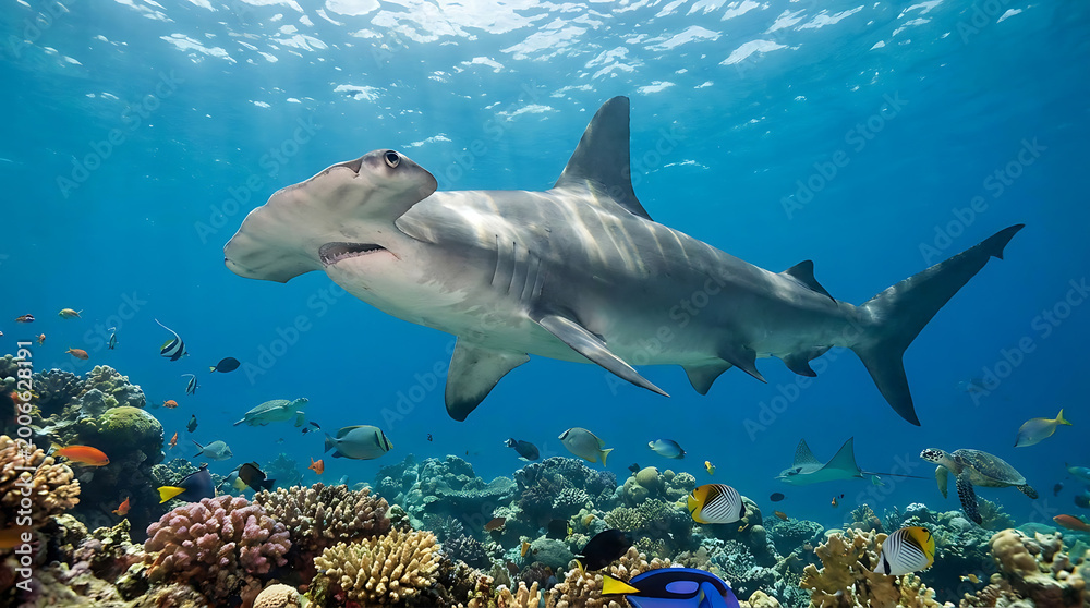 Fototapeta premium Hammerhead Shark Gliding Gracefully Through a Vibrant Coral Reef Ecosystem Underwater