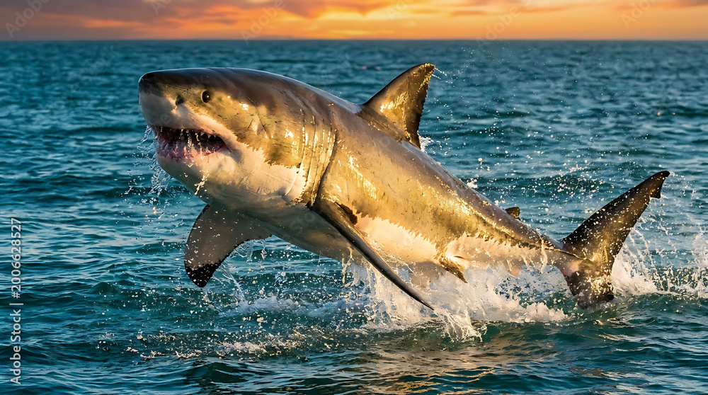 Fototapeta premium Great White Shark Breaching Ocean Waters at Sunset