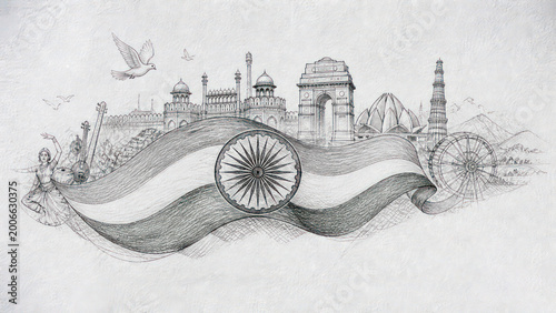 Hand drawn pencil style Indian patriotic background with detailed line art elements and copy space for text