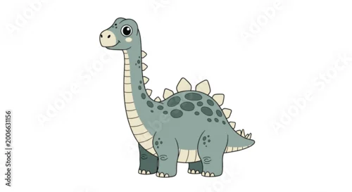 Obraz Cute cartoon dinosaur illustration with a long neck and green spots standing peacefully against a clean white background for kids.