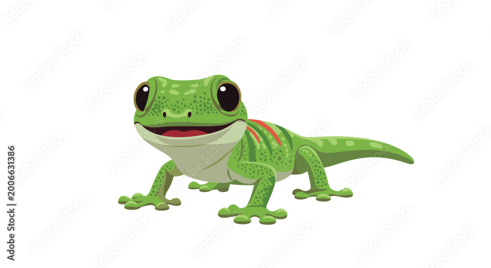 Obraz premium Bright green gecko with red stripes on its back smiling and looking forward with large dark eyes against a plain white background.