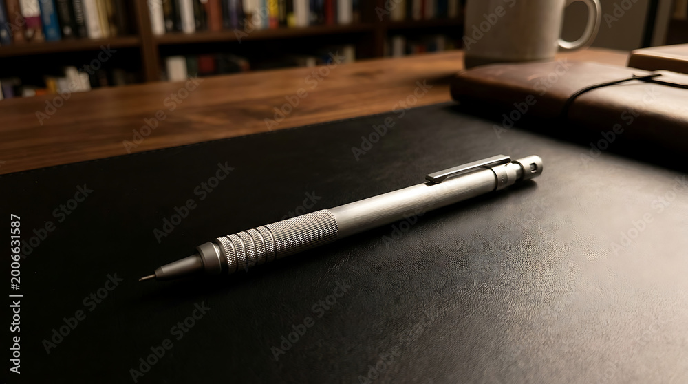 Fototapeta premium Detailed mechanical pencil resting on a dark textured surface with a bookcase background