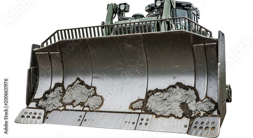 Heavy duty bulldozer front blade with concrete debris isolated on white background