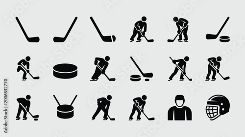 Canvas Print Set of 18 Black Ice Hockey Player and Equipment Icons Vector