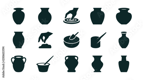 Set of 15 Black Pottery Making and Clay Vases Vector Icons