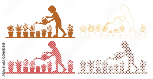 Konstfotografi Child gardening silhouette vector set, kids watering plants in pots, nurturing g