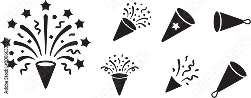 Celebration Fireworks Confetti Icon Set Party Burst Festive Explosion Symbols Silhouette Vector Illustration