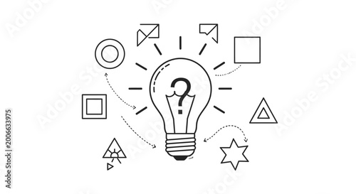 A black and white illustration of a lightbulb with a question mark surrounded by various geometric shapes and symbols.