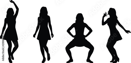 Bild auf Leinwand Black, silhouette, set, of, diverse, women, dancing, standing, squatting, and, p