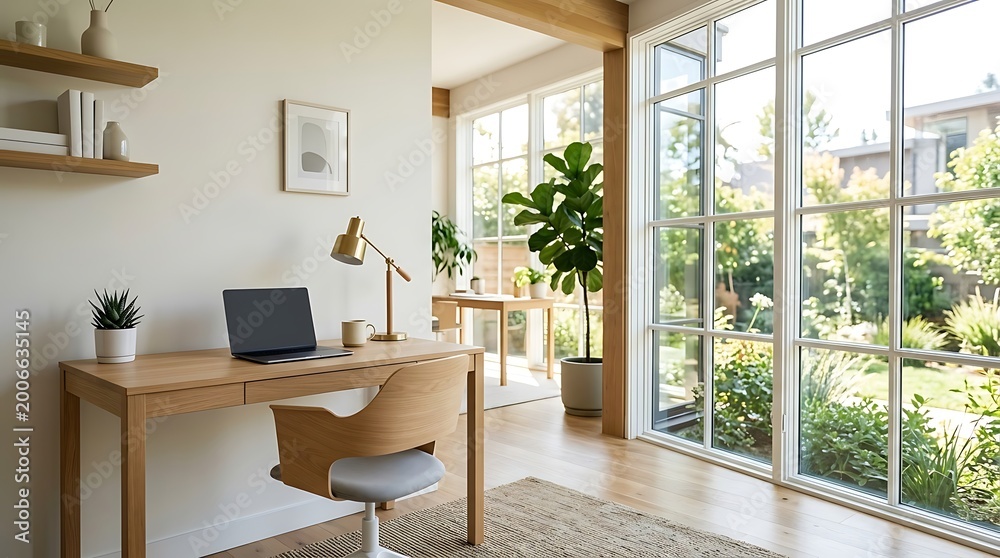 Fototapeta premium Bright modern home office with large windows and lush green garden view comfortable workspace with laptop and plants