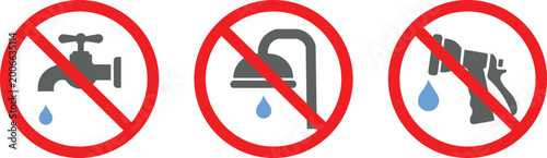 Quadro em tela Prohibition signs set for water conservation featuring tap shower and garden hos