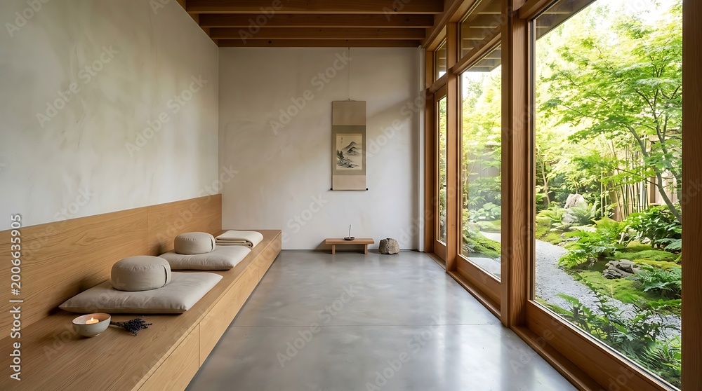Fototapeta premium Serene Japanese Zen meditation room with tatami cushions overlooking a tranquil garden with bamboo and lush greenery, natural light