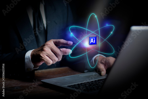Businessman pointing AI chip with nuclear atom quantum computing processor as the core of future technology. AI artificial intelligence technology, Science and Technology Innovation Concept.