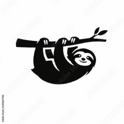 Minimalist Black and White Sloth Silhouette Hanging on a Tree Branch