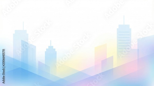 Abstract background, featuring soft pastel, gradients in blue, pink, and yellow, with translucent geometric, skyscraper silhouettes representing, a cityscape