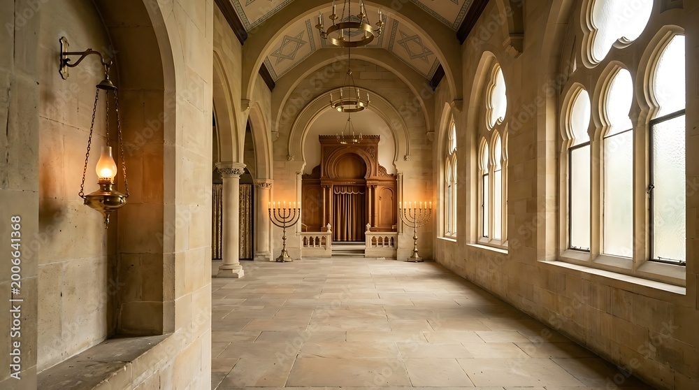 Obraz premium Interior of a grand synagogue with ornate wooden ark and large arched windows creating a serene and spiritual atmosphere