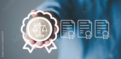 Digital authorization, compliance certification, document validation, regulatory approval and business verification process. Online license and certification approval concept with legal document icon