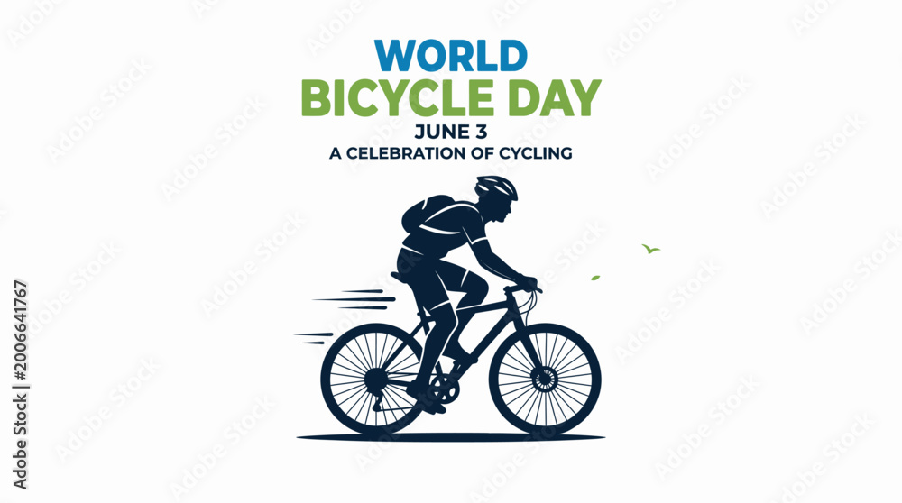 Fototapeta premium World Bicycle Day graphic with a cyclist silhouette and text celebrating cycling on June 3.