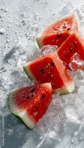 freshly sliced watermelon on crushed ice with water droplets and melting ice crystals in bright daylight, condensation on white background. hydration, refreshing summer food, refreshing snack concept